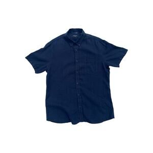 Nordstrom Linen Shirt Button Up Size L Large Blue Trim Fit Short Sleeve Casual